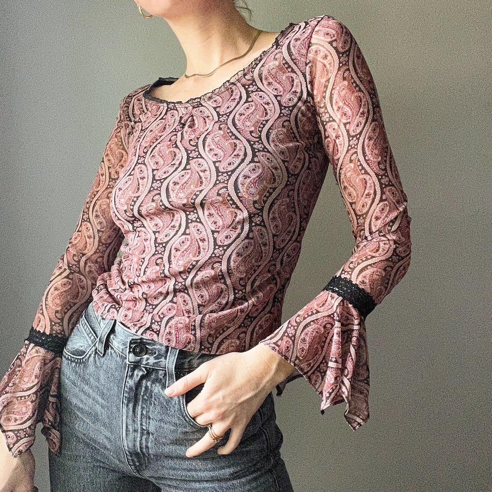 Vintage Y2K Black Mesh Pink Paisley Print Flare Sleeve Top